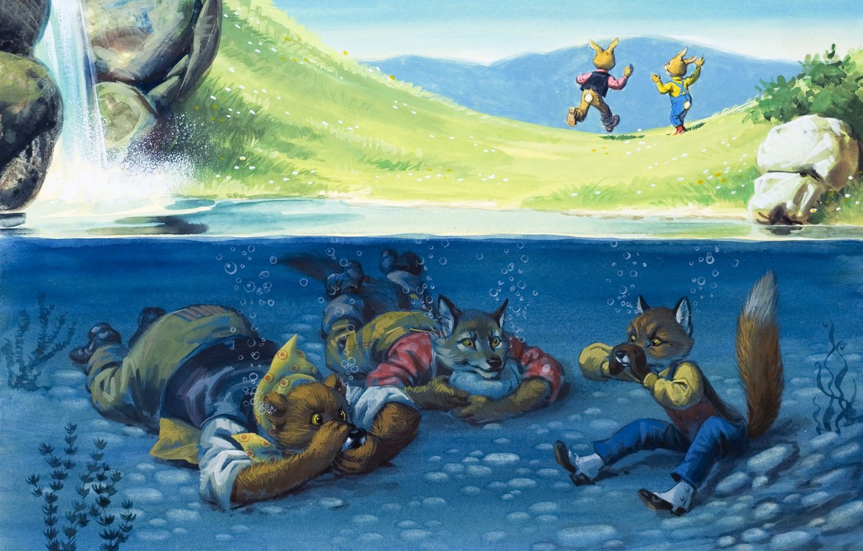 Medve, farkas és róka a víz alatt bújkál (gouache, papír) alkotó: English School