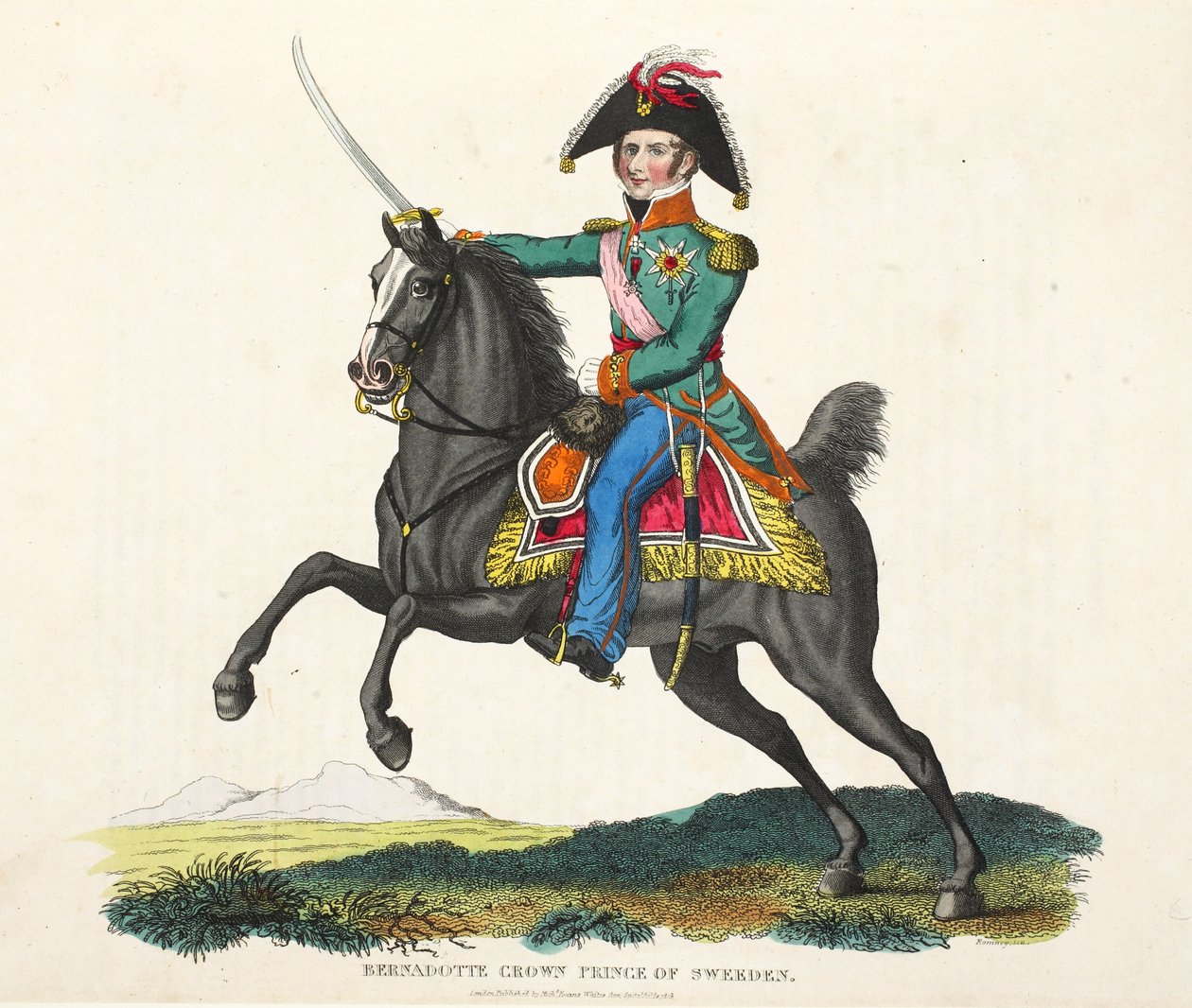 Bernadotte, Svéd koronaherceg, kocsma. Richard Evans, engr Romney, illusztráció a Waterloo-i csata történetéről, William Mudford, 1816 alkotó: English School