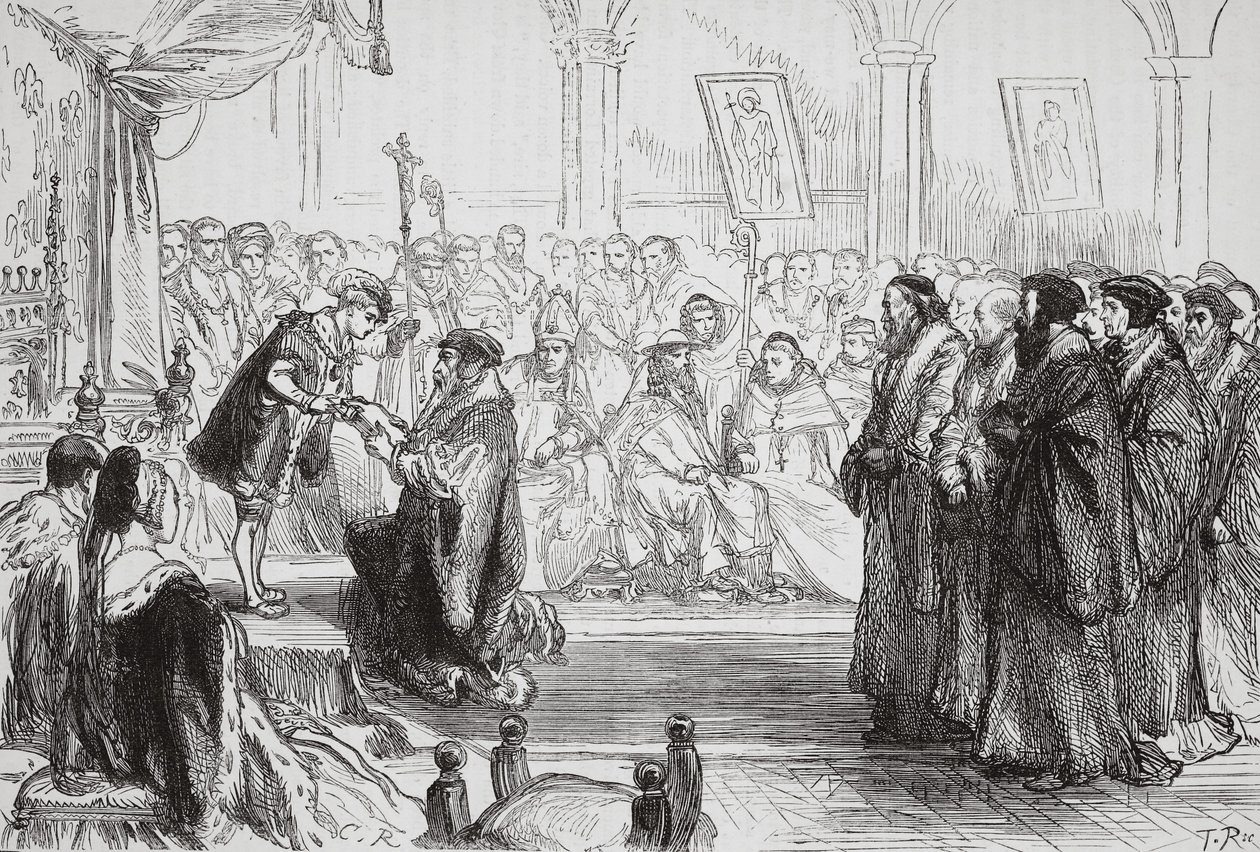 Beza bemutatja a francia protestáns egyház hitvallását a királynak a Poissy-i kollokvián, illusztrációja James Aitken Wylie (1808-1890) A protestantizmus történetéből, pub. 1878 (engra alkotó: English School