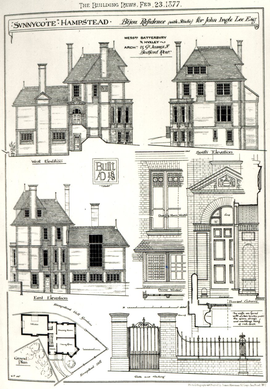 Bijou Residence Sunnycote, Hampstead, (stúdióval) John Ingle Lee Esq számára, a The Building News-ból, 1877. február 23. News, 1877. február 23. alkotó: English School