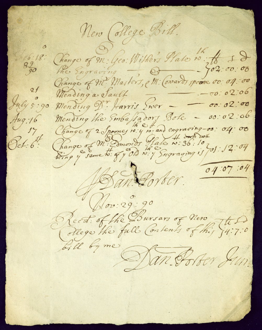 Bill Daniel Portertől a New College-ba, 1690 alkotó: English School