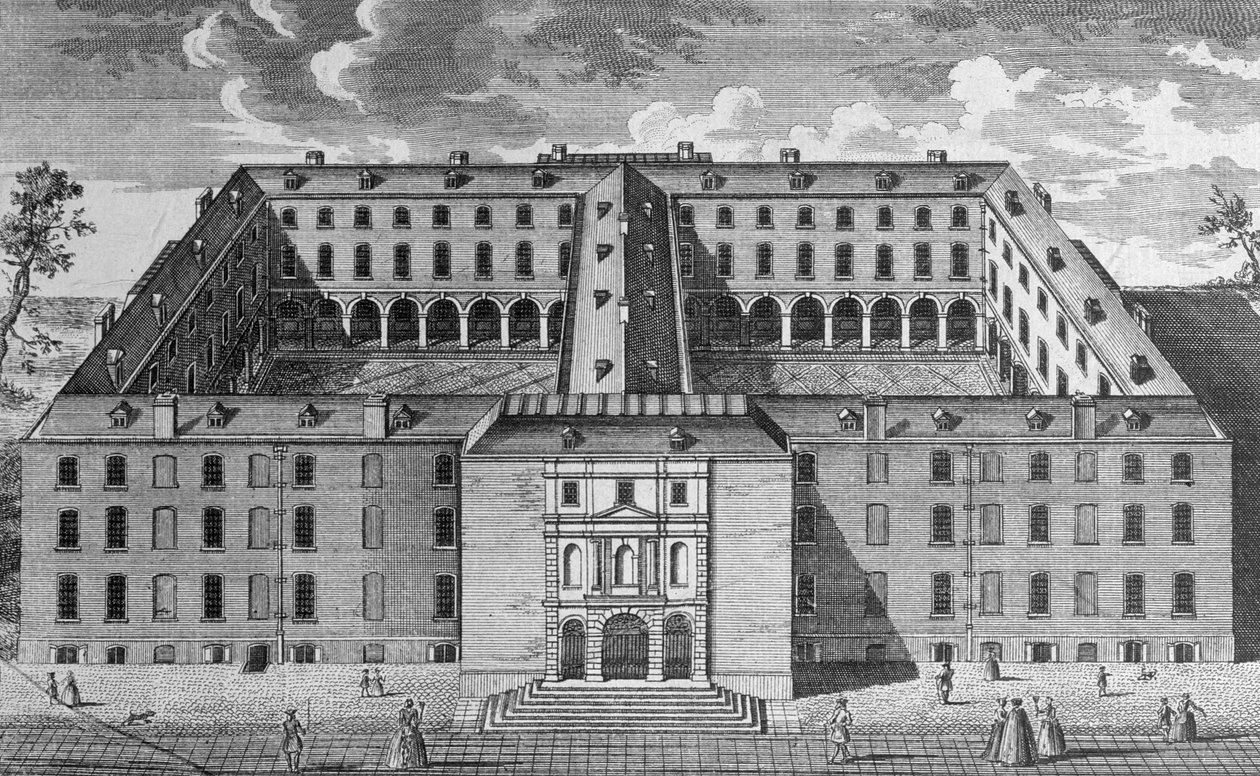 Madártávlati kép a Southwarki Guys Kórházról, alakokkal az előtérben, 1780 körül alkotó: English School