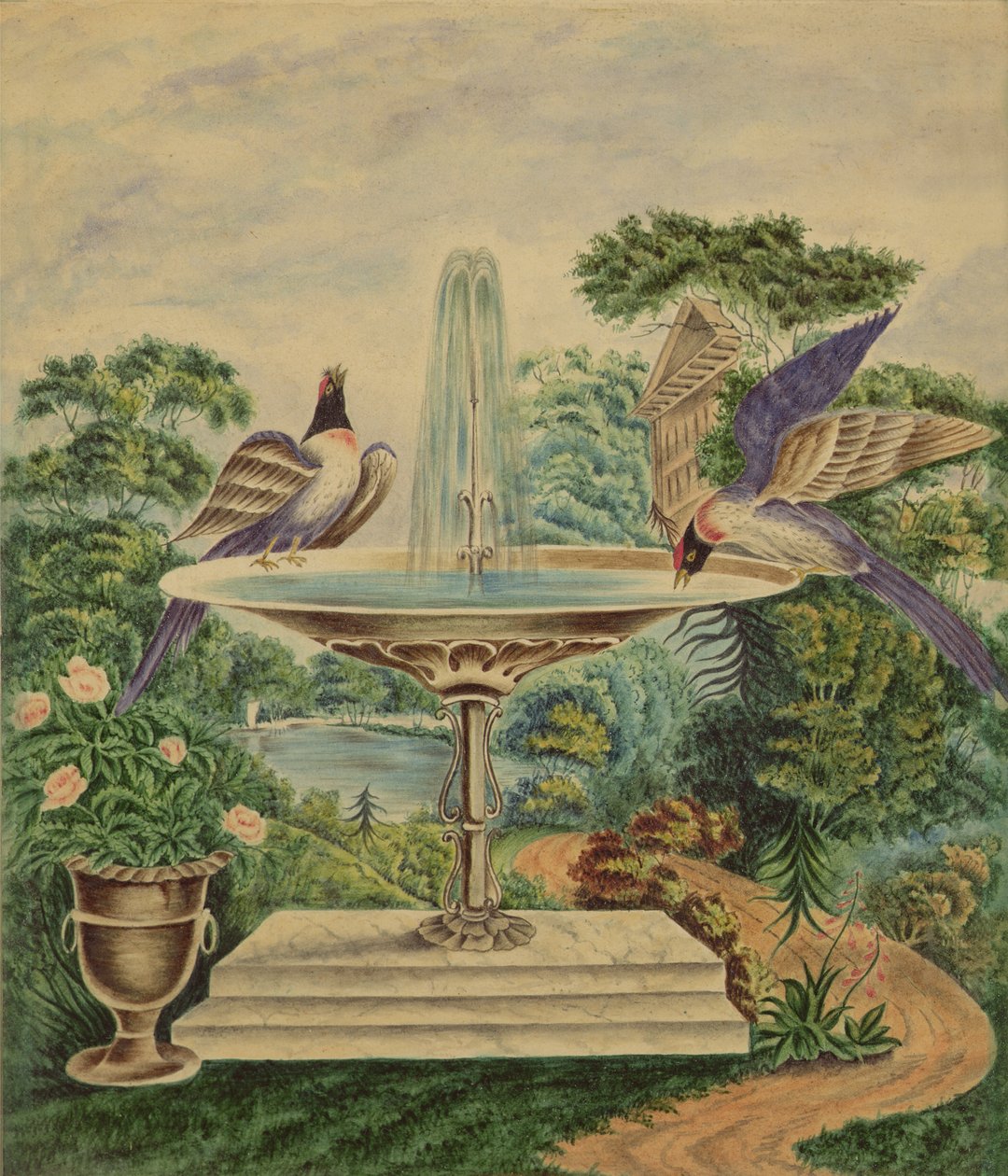 Madarak a szökőkútban egy tájparkban, 1840 körül (wc papíron) alkotó: English School