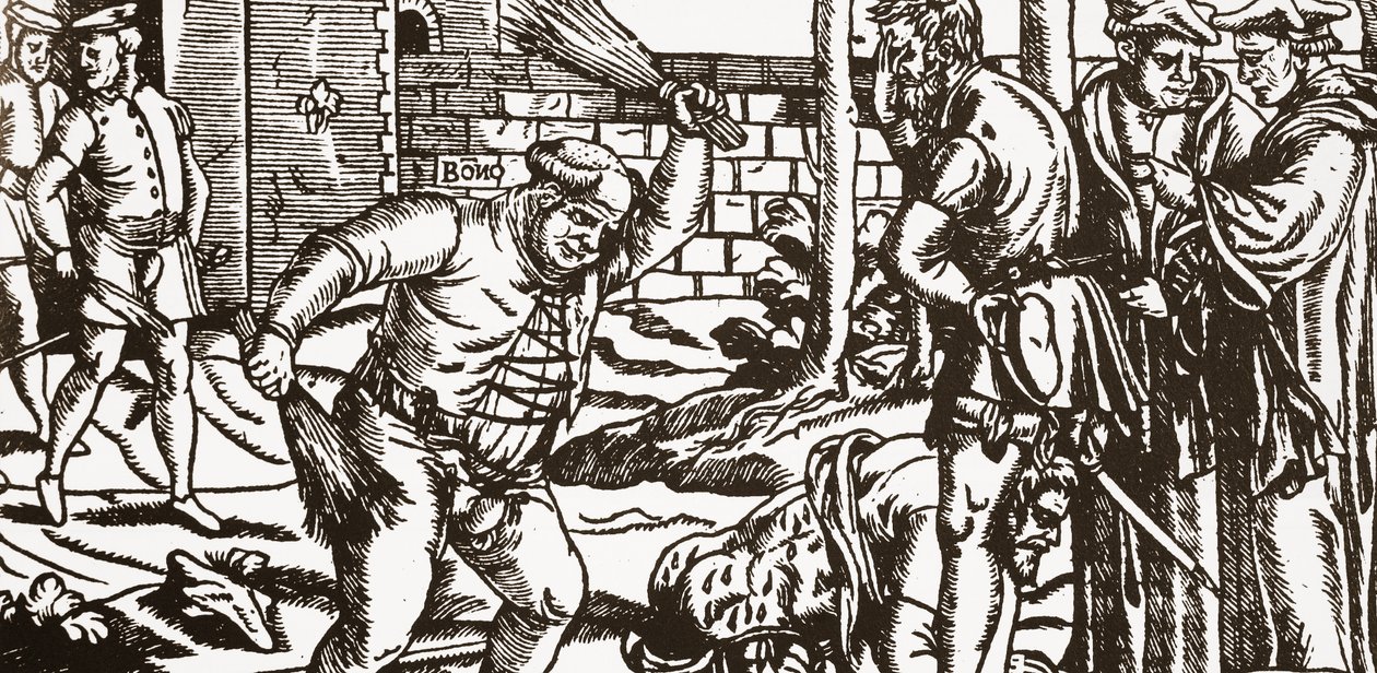 Bonner püspök megverte foglyát, John Willest fulhami palotájának gyümölcsösében (fametszet) alkotó: English School