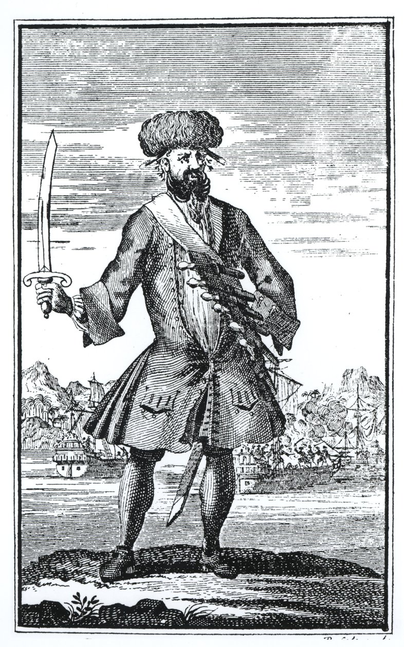 Feketeszakáll, a kalóz Charles Johnson kapitány A leghírhedtebb pirates rablásainak és meggyilkolásának általános történetéből, 1724-ben jelent meg. alkotó: English School