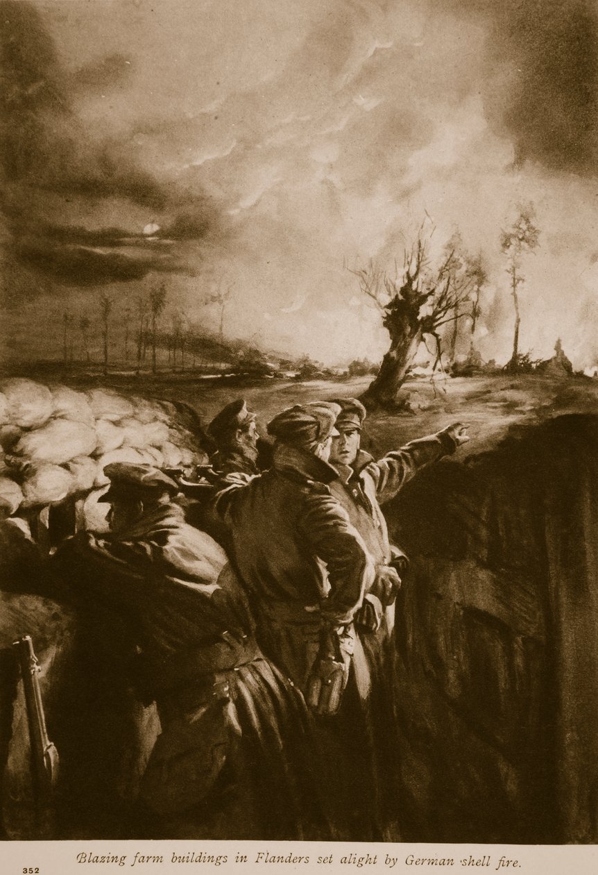Lángoló gazdasági épületek Flandriában, melyeket német lövedéktűz gyújtott fel, 1914-1919 alkotó: English School