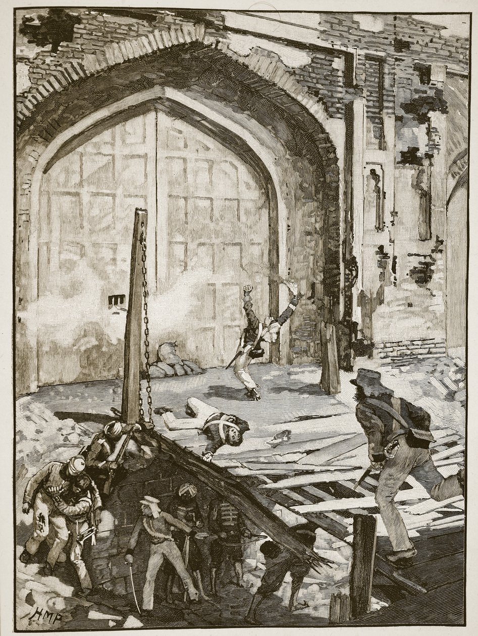 A kasmír kapu felrobbantása Delhiben, a Cassells Illustrated History of England illusztrációja (szépia fotó) alkotó: English School