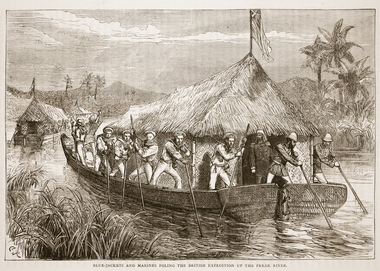 Kékkabátosok és tengerészgyalogosok a brit expedíción felfelé a Perak folyón, illusztráció a Cassells Illustrated History of Englandből alkotó: English School