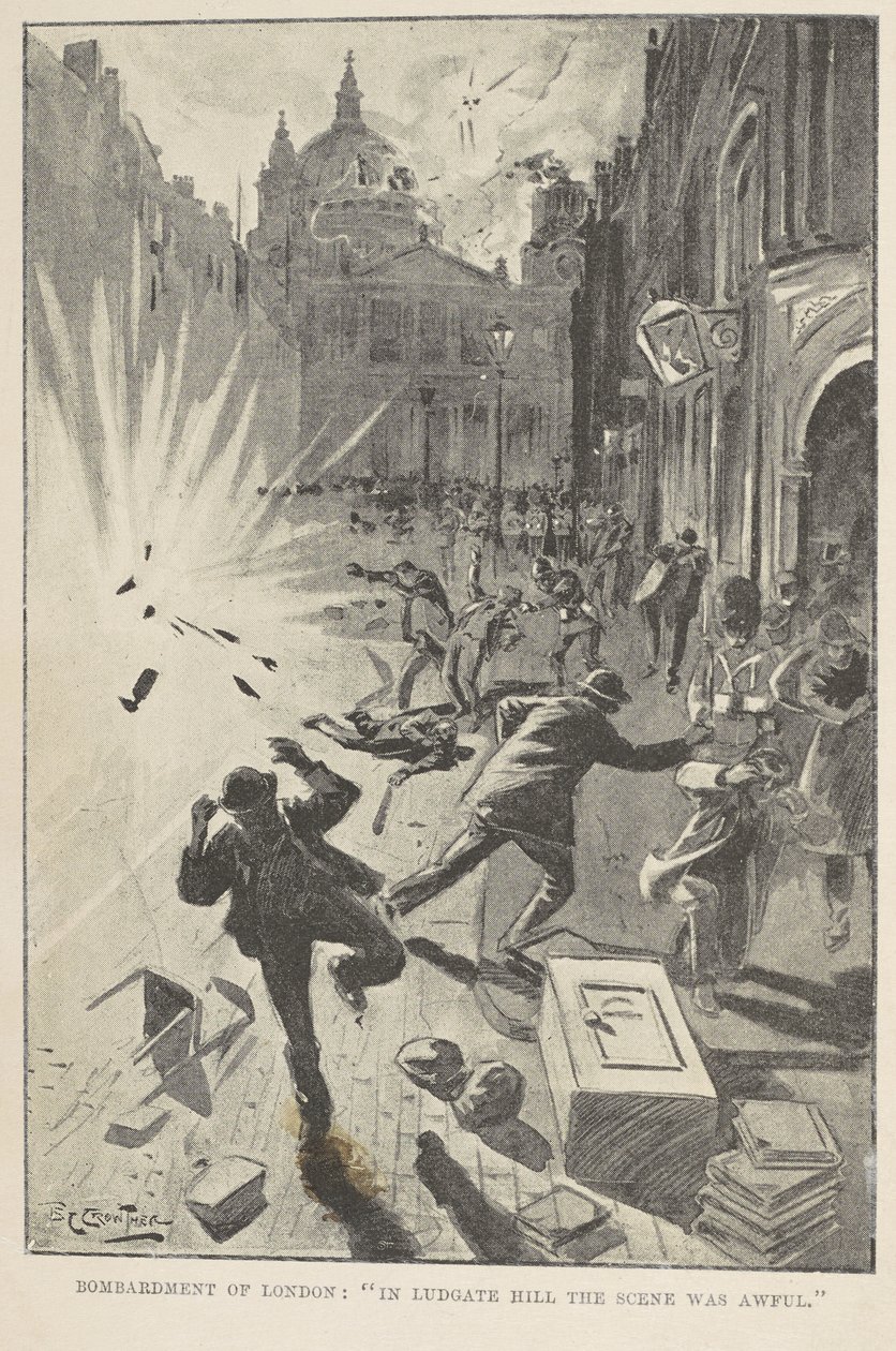 London bombázása: „A Ludgate Hillben a jelenet szörnyű volt”, a frontoldali illusztráció a „The Great War in England in 1897” című filmből, William Le Queux alkotó: English School