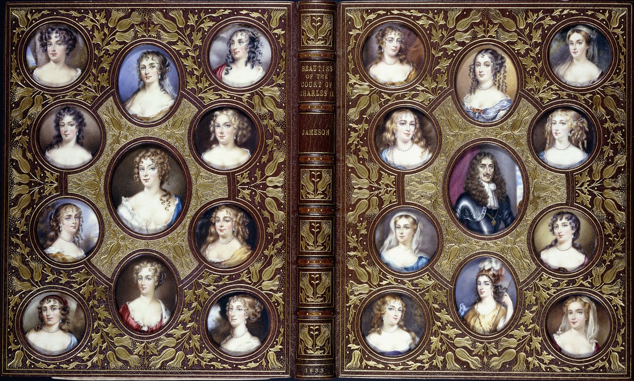 A könyv borítója huszonkét portréminiatúrával II. Károlyról és udvara gyönyörű nőiről, 1833 alkotó: English School