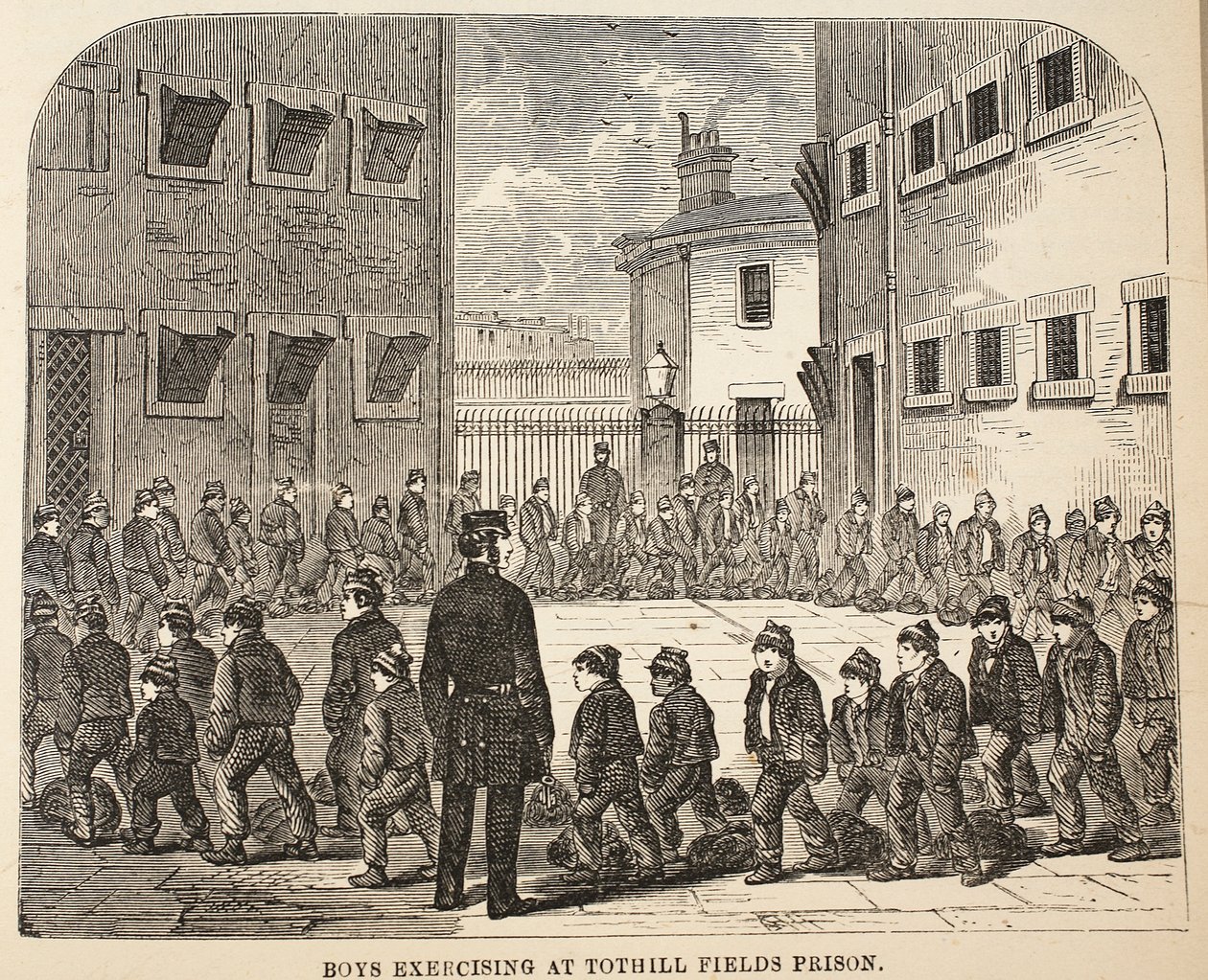 Fiúk edzenek a Tothill Fields-i börtönben, illusztráció a The Criminal Prisons of Londonból és jelenetek a börtönéletből Henry Mayhew és John Binny, pub. 1862 alkotó: English School