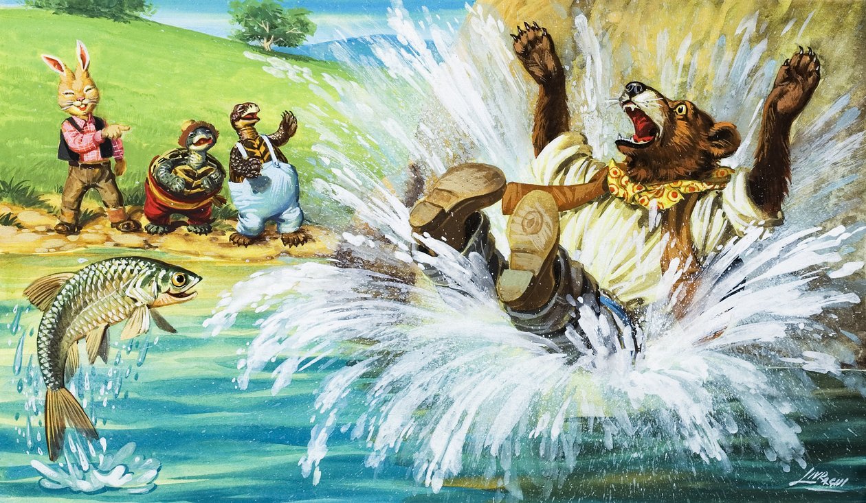Brer Bear zuhan a folyóba (gouache, papír) alkotó: English School