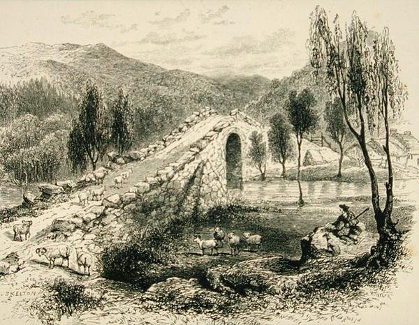 Bridge over Sluggan Water, Braemar közelében, 1880 körül, a Religious Tract Society által kiadott „Scottish Pictures”-ből alkotó: English School