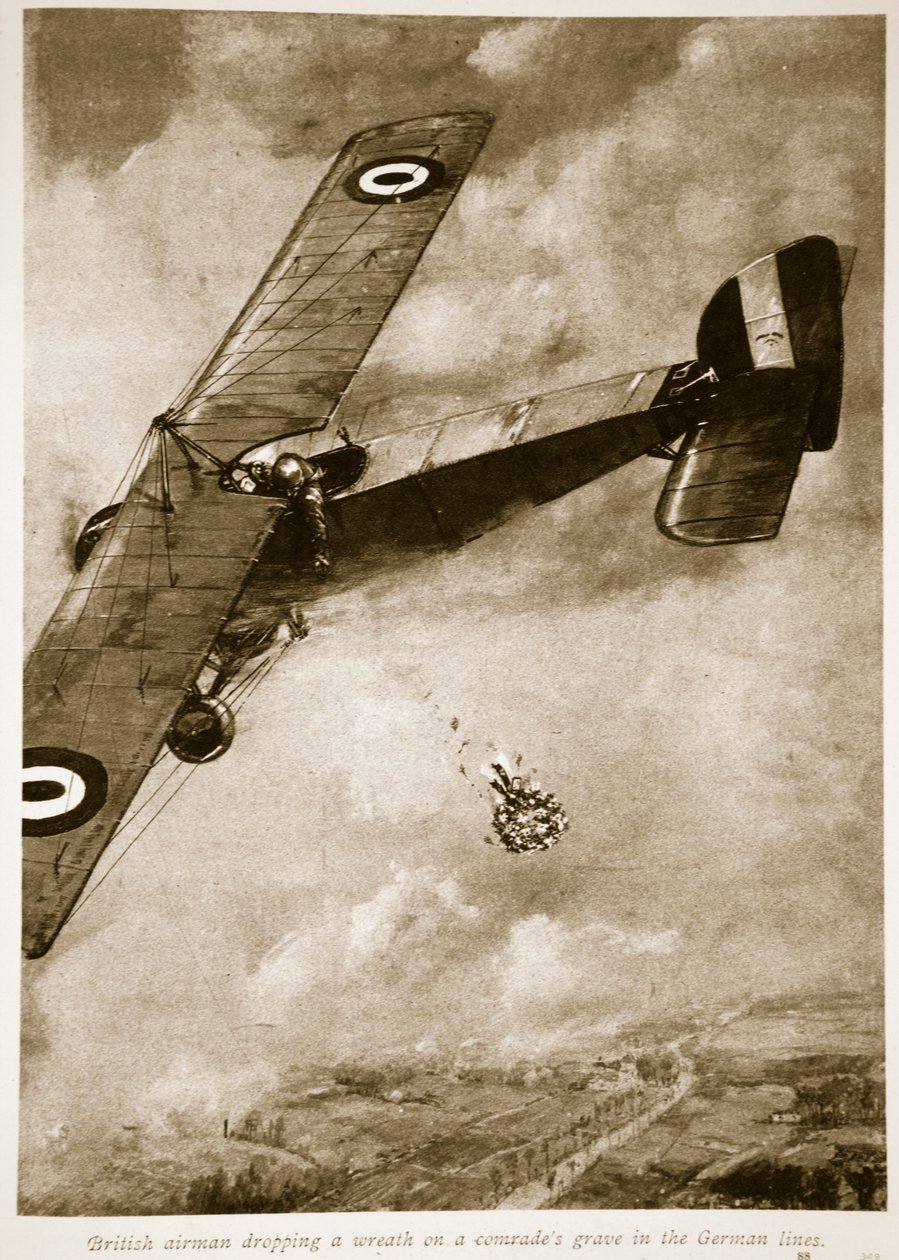 Brit repülős koszorút dob a bajtársi sírra a német vonalakban, 1914-1919 alkotó: English School