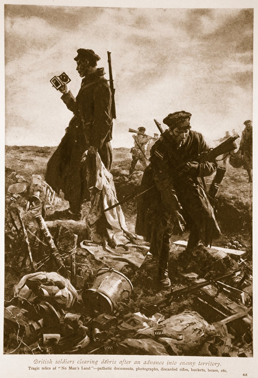 Brit katonák törmeléket eltakarítanak az ellenséges területre való előrenyomulás után, 1914-1919 alkotó: English School