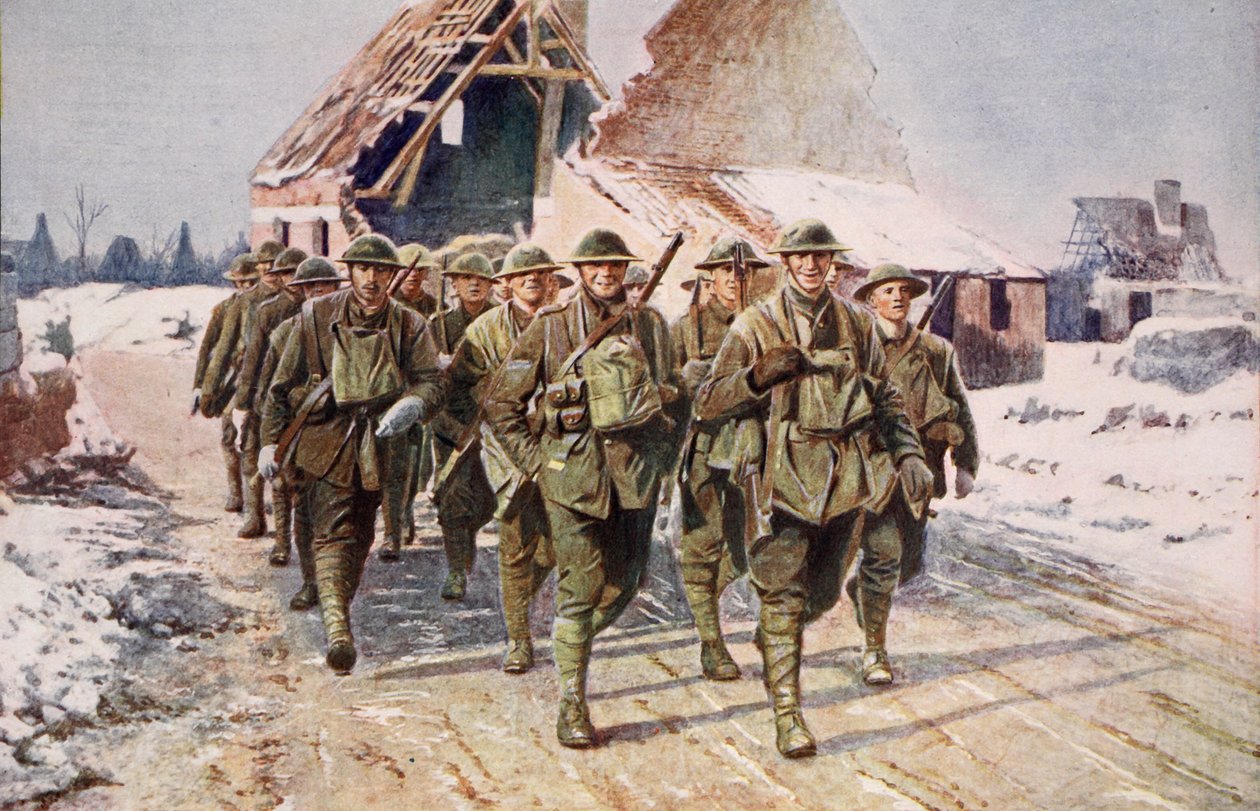 Brit csapatok menet közben téli körülmények között, 1914-19 alkotó: English School