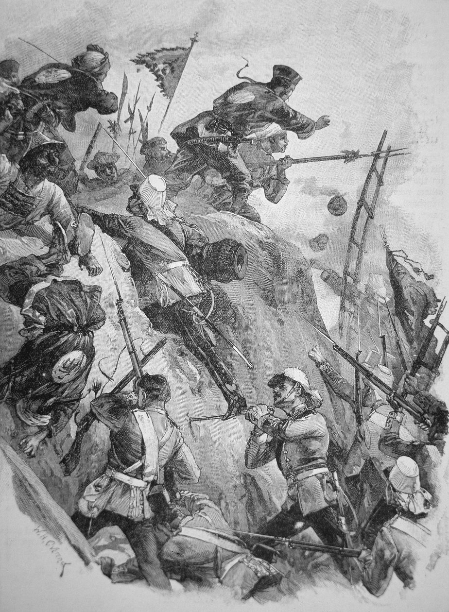 Brit csapatok megrohamozták a Taku erődöket Kínában 1860-ban az ópiumháborúk idején (litho) alkotó: English School