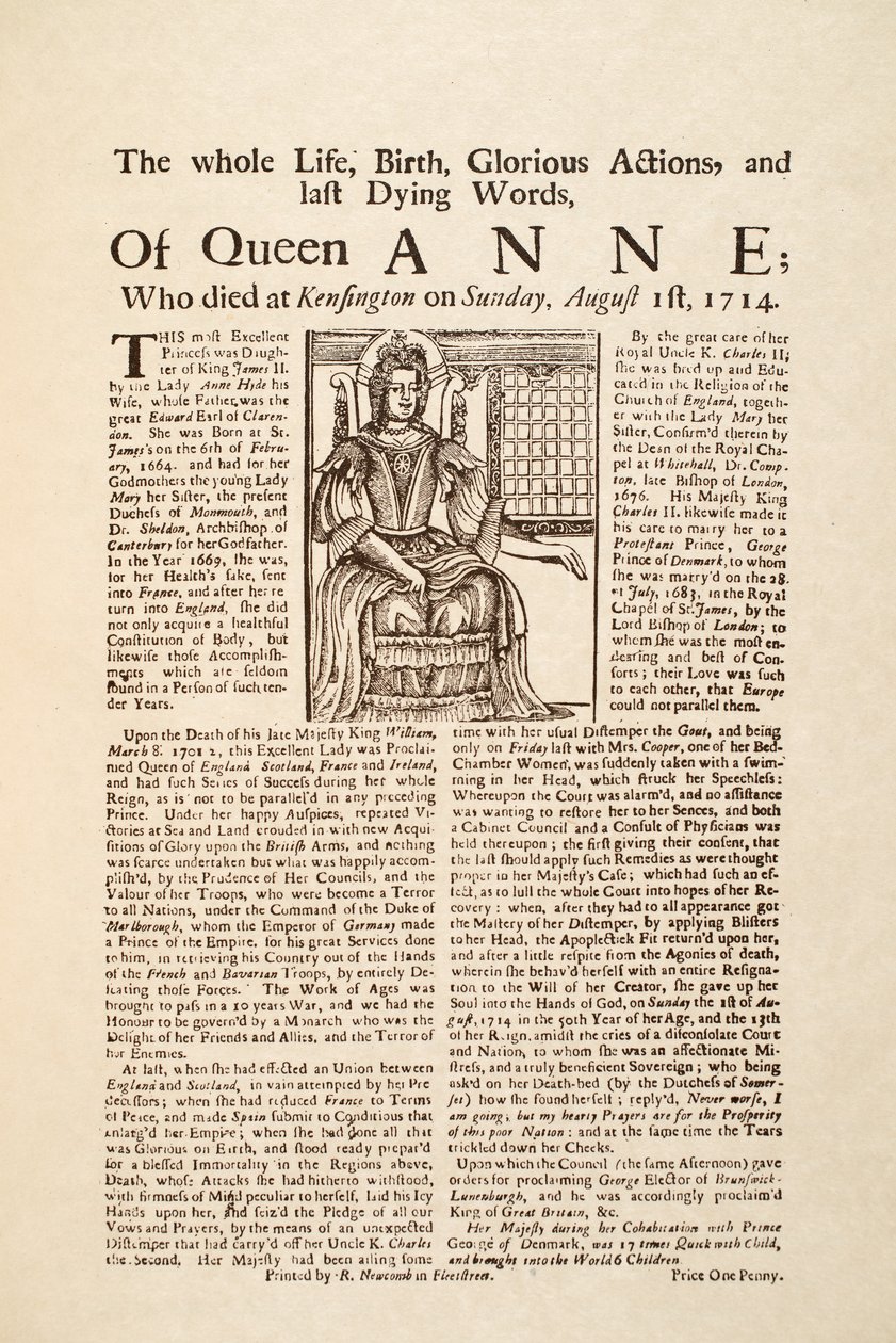 A Broadside Anna királynő halála alkalmából jelent meg, 1714. augusztus 1-én, vasárnap (nyomtatott és fametszet) alkotó: English School