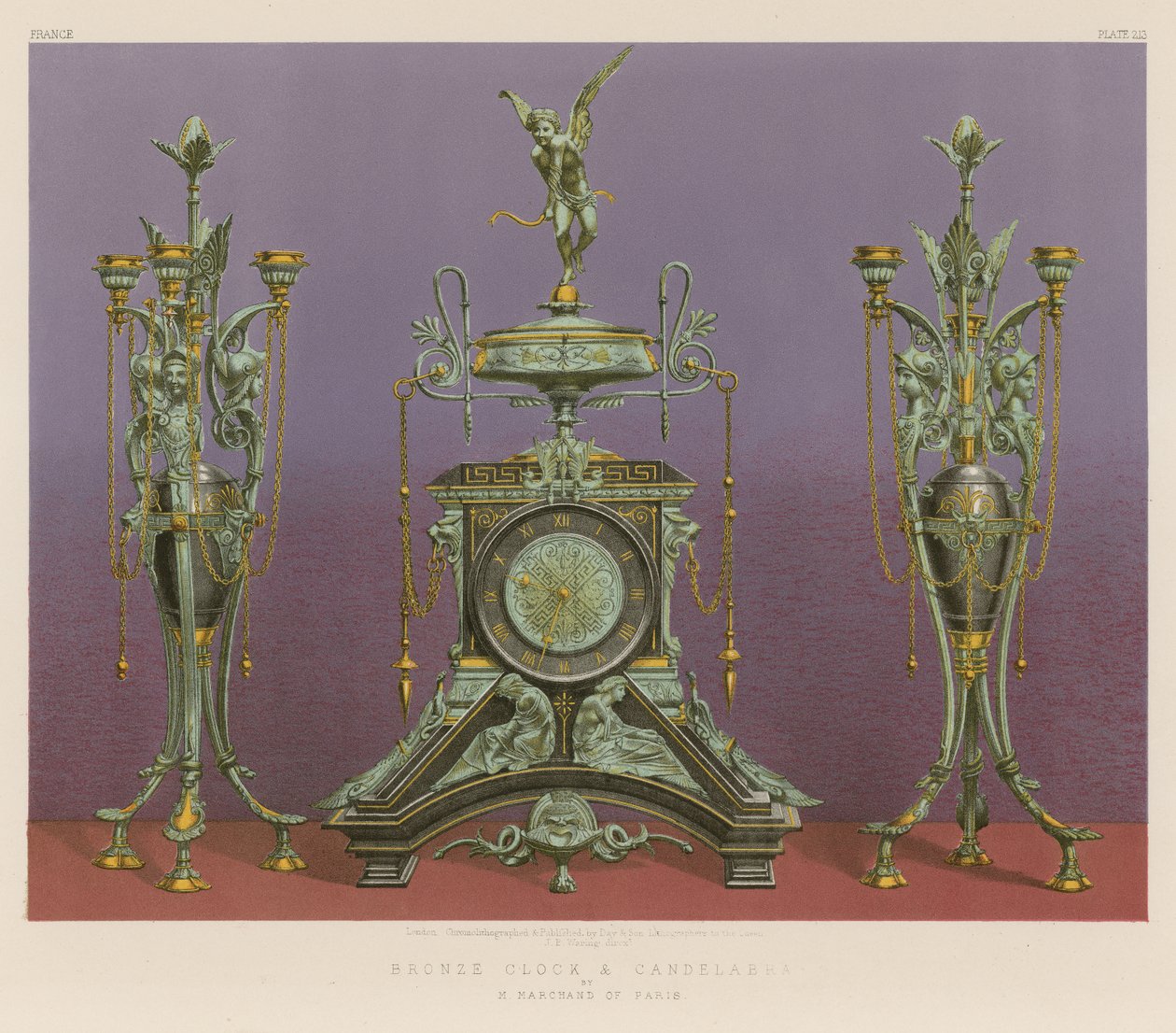 Bronz óra és kandeláber a párizsi M Marchand-tól (chromolitho) alkotó: English School