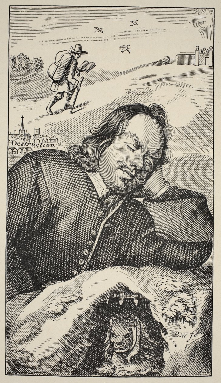 Bunyans Dream, John Bunyan (1628-88) The Pilgrims Progress című művének előlapja, 4. kiadás, pub. 1680 (szépia fotó) alkotó: English School