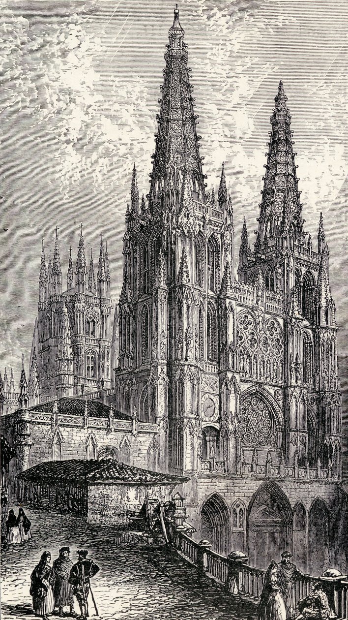 Burgos katedrális, Burgos, Spanyolország, Henry Edward Watts 1893-ban megjelent „Spanyolország: A spanyol történelem összefoglalása a mór hódítástól Granada bukásáig, 711-1492” című művéből alkotó: English School