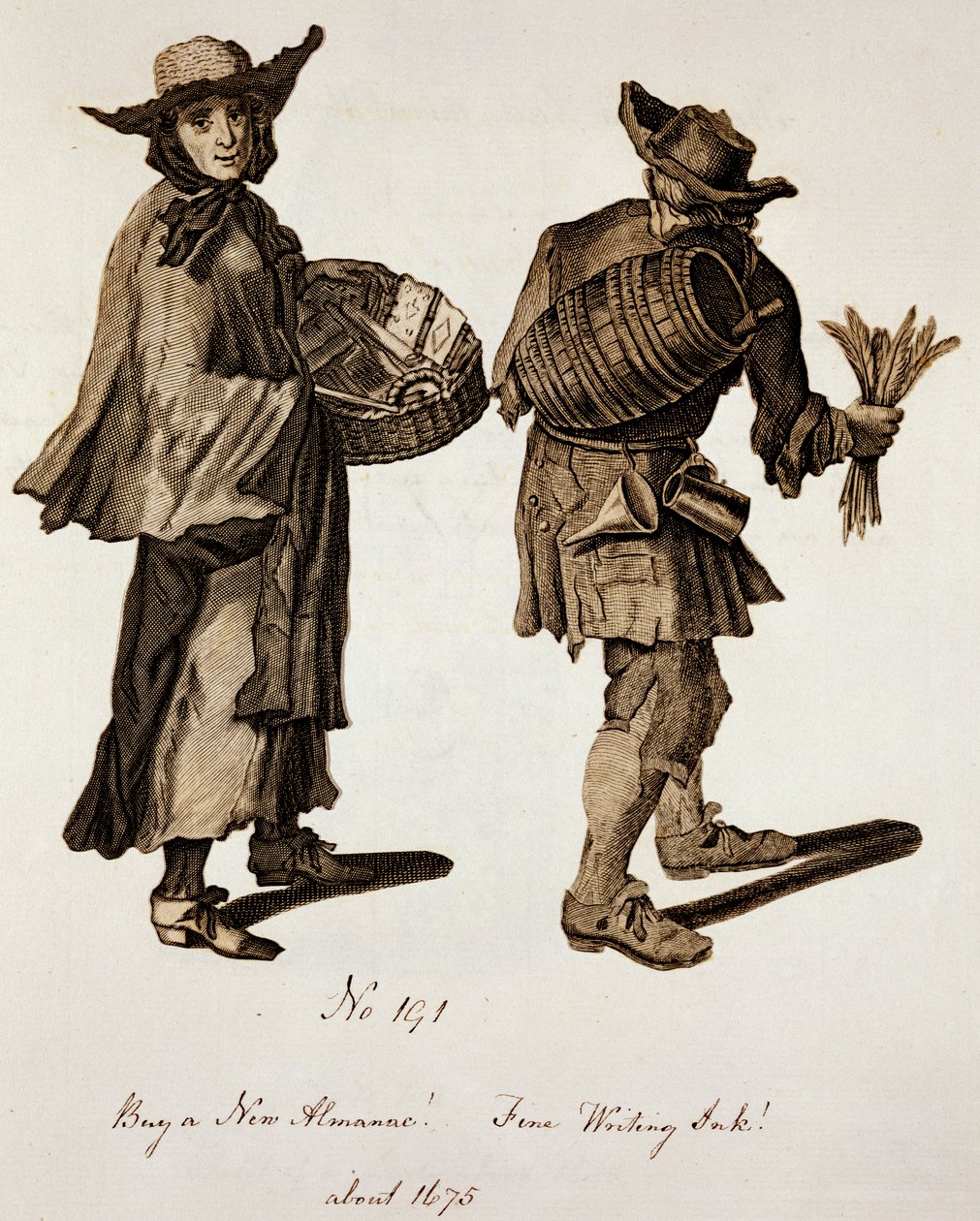 Vásároljon új Almanachot! Finom írófesték!, utcai árusok illusztrációja 1675 körül alkotó: English School