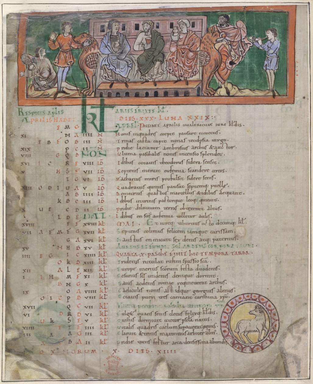 Április naptároldala: lakoma, illusztráció egy „angolszász naptárból” (vellum) alkotó: English School