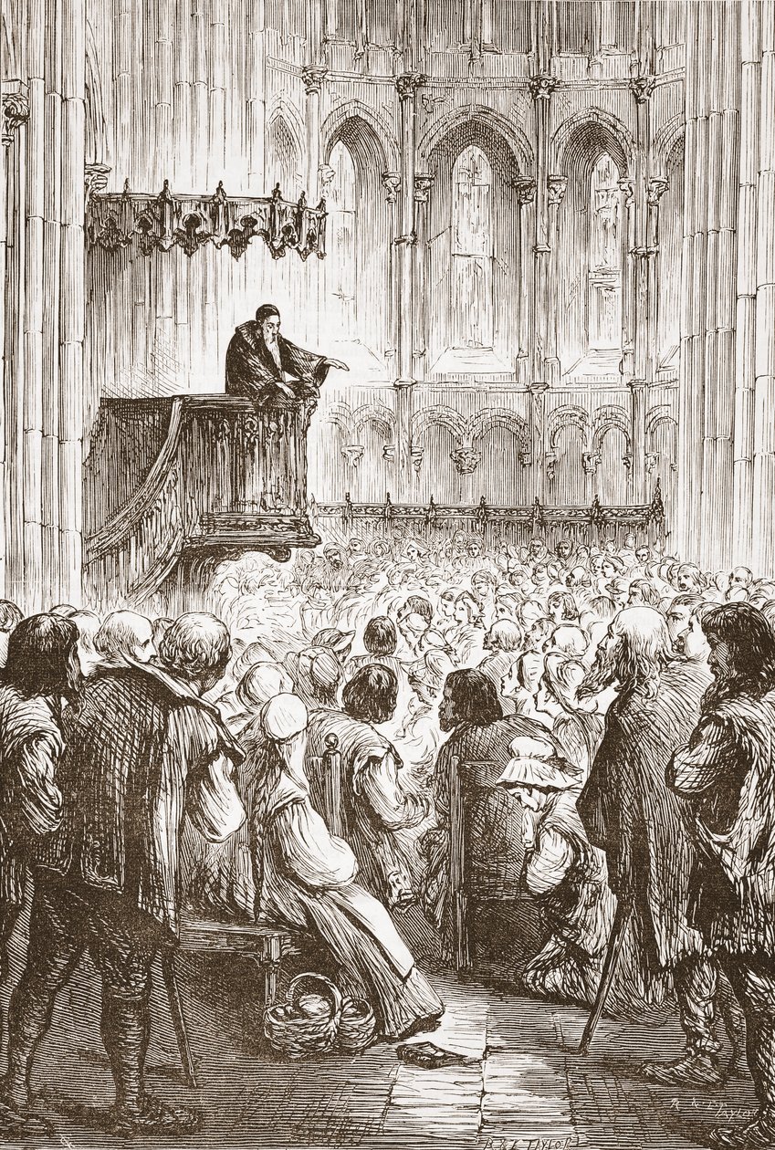 Kálvin búcsúbeszédét hirdeti a száműzetés reményében, illusztráció: James Aitken Wylie (1808-1890) A protestantizmus története című könyvéből, pub. 1878 alkotó: English School