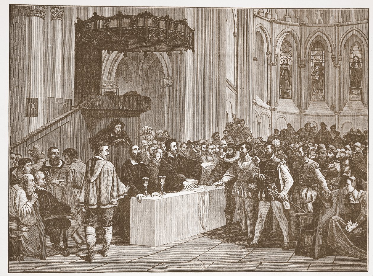 Kálvin megtagadja a libertinusok úrvacsoráját, a genfi St. Peters katedrálisban, illusztráció: James Aitken Wylie (1808-1890), pub. 1878 alkotó: English School