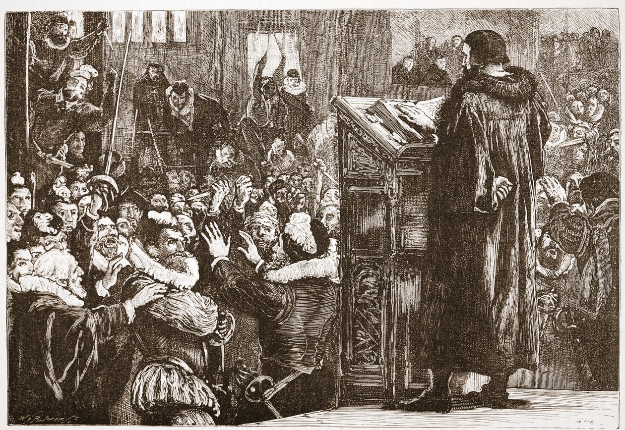 Kálvin megfenyegetett a rive-i templomban, illusztrációja James Aitken Wylie (1808-1890) The History of Protestantism című könyvéből, pub. 1878 alkotó: English School