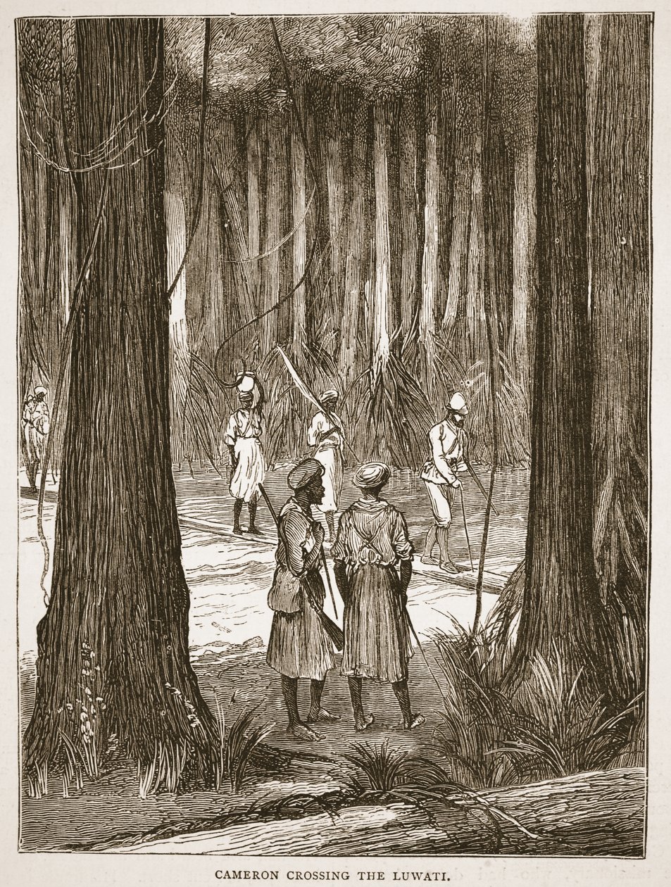 Cameron átkel a Luwatin, illusztráció a David Livingstone élete és felfedezései képi kiadásából, J. Ewing Richie, pub. A. Fullarton & Co., 1876 alkotó: English School