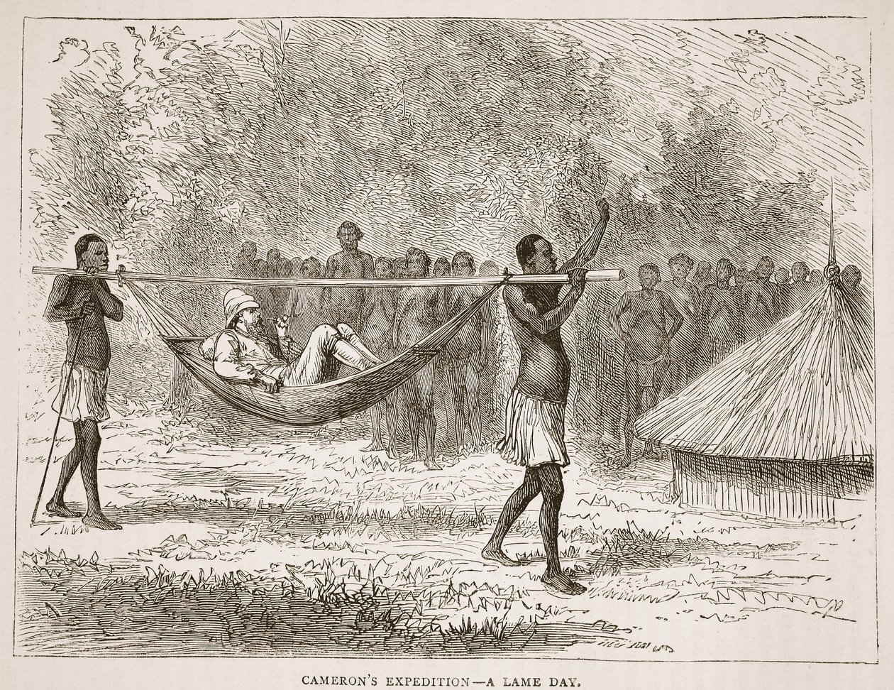 Camerons expedíció – egy béna nap, illusztráció a The Pitorial Edition of the Life and Discoveries of David Livingstone-ból, J. Ewing Richie, pub. A. Fullarton & Co., 1876 alkotó: English School