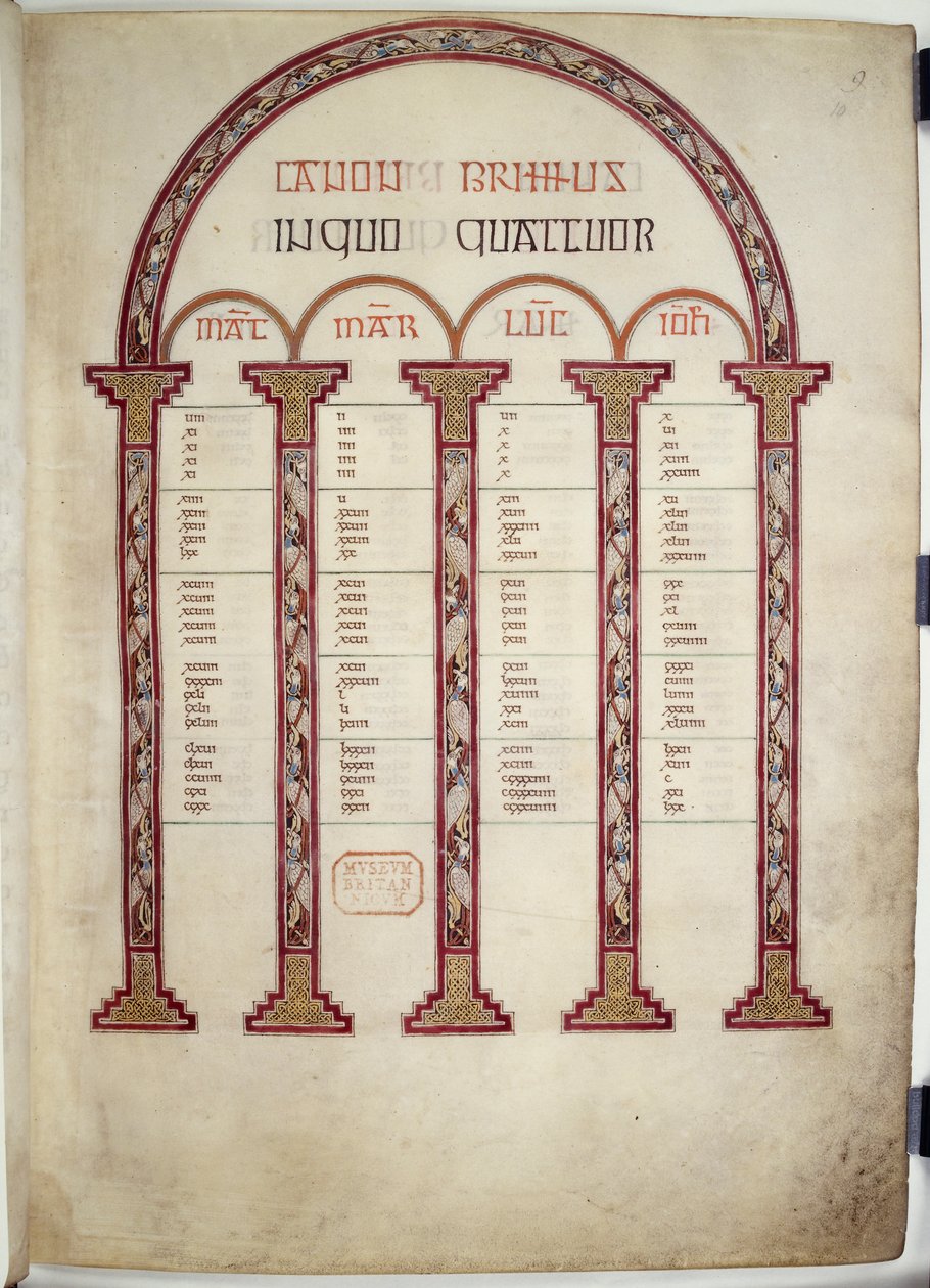 Canon Tables, illusztráció a „Lindisfarne Gospels”-ból, 710-21 (vellum) alkotó: English School