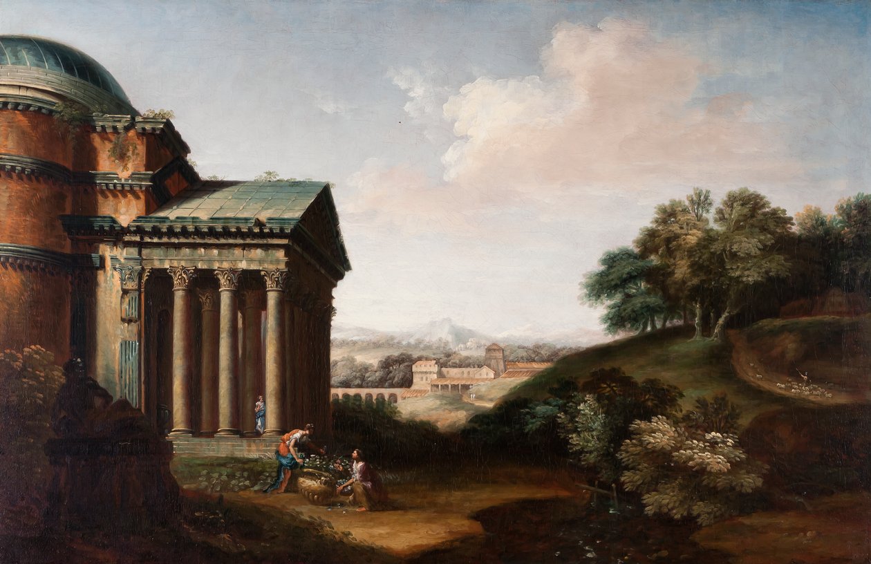 Capriccio panoráma a Pantheonra, alakok és egy vízvezeték, 1760 körül alkotó: English School