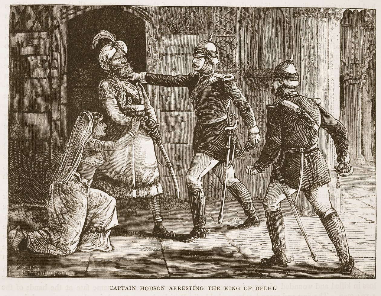 Hodson kapitány letartóztatja Delhi királyát, illusztráció a Cassells Illustrated History of Englandből alkotó: English School