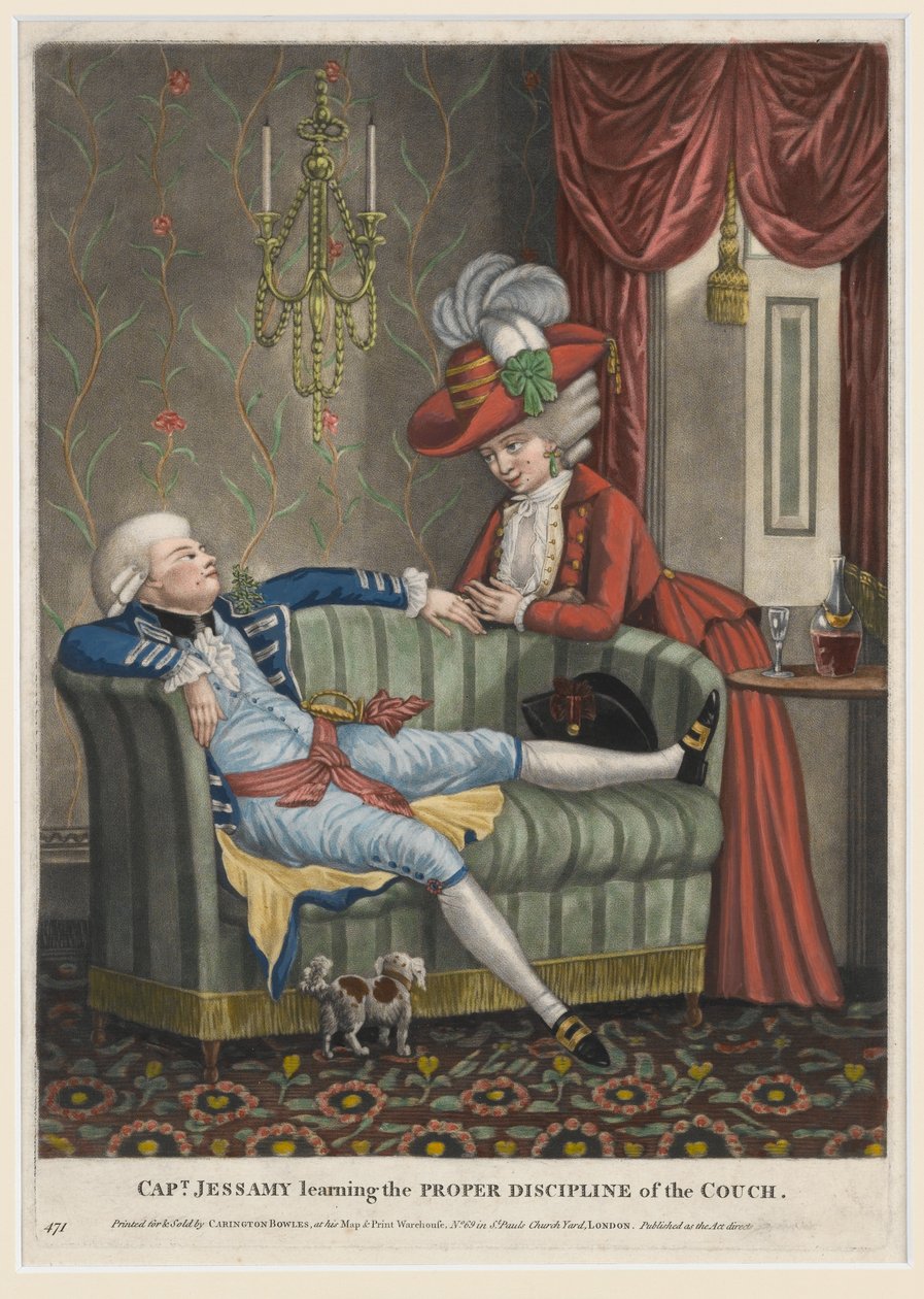 Jessamy kapitány megtanulja a kanapé megfelelő fegyelmét, 1782 körül (kézzel színezett mezzotinta) alkotó: English School