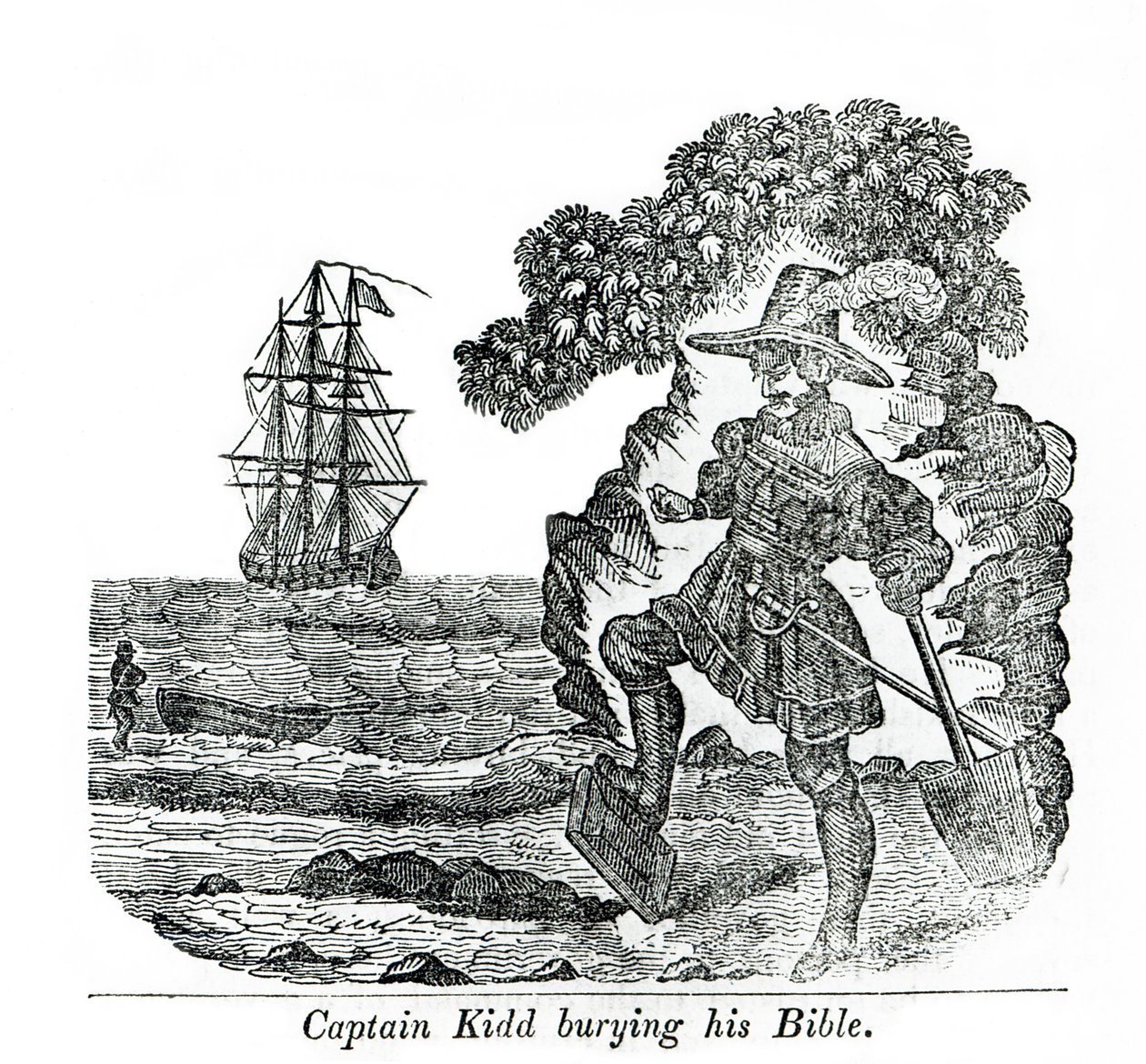 Kidd kapitány eltemeti a Bibliáját, illusztráció Charles Elms „Pirates own Book” című könyvéből alkotó: English School