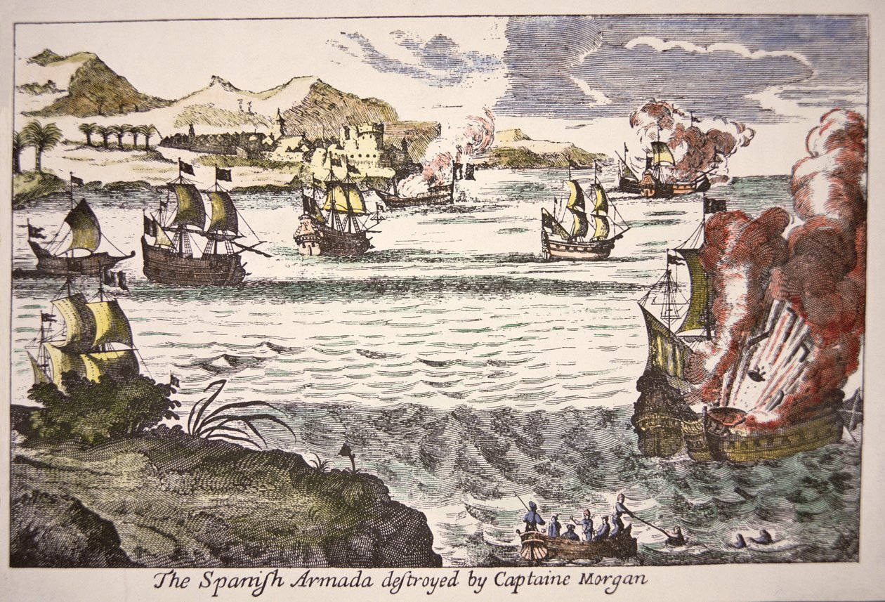 Morgan kapitány legyőzi a Maracaibo-tó torkolatát elzáró spanyol hadihajókat 1669-ben (színes metszet) alkotó: English School