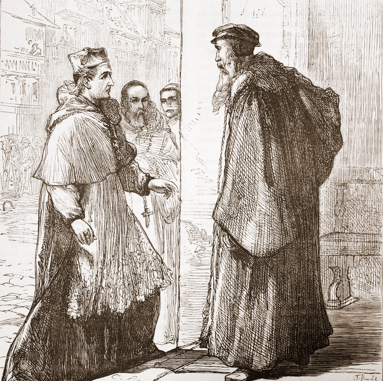 Sadoleto bíboros meglátogatja Calvint, illusztrációja James Aitken Wylie (1808-1890) A protestantizmus története című könyvéből, pub. 1878 alkotó: English School