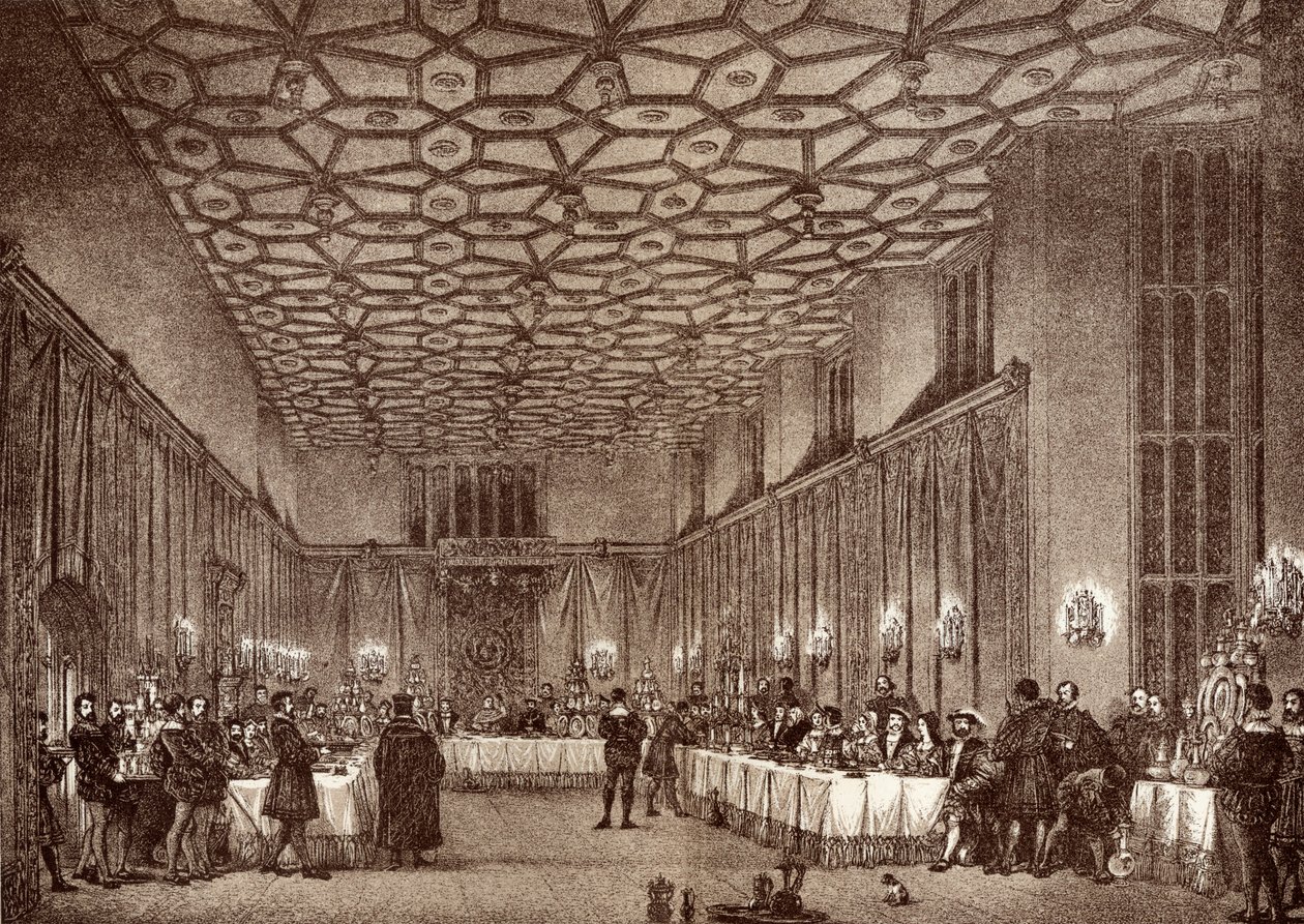 Wolsey bíboros megvendégeli a francia nagyköveteket a Hampton Court Palace-ban, Ernest Law „History of Hampton Court Palace in Tudor Times” című művéből, London 1885-ben. alkotó: English School