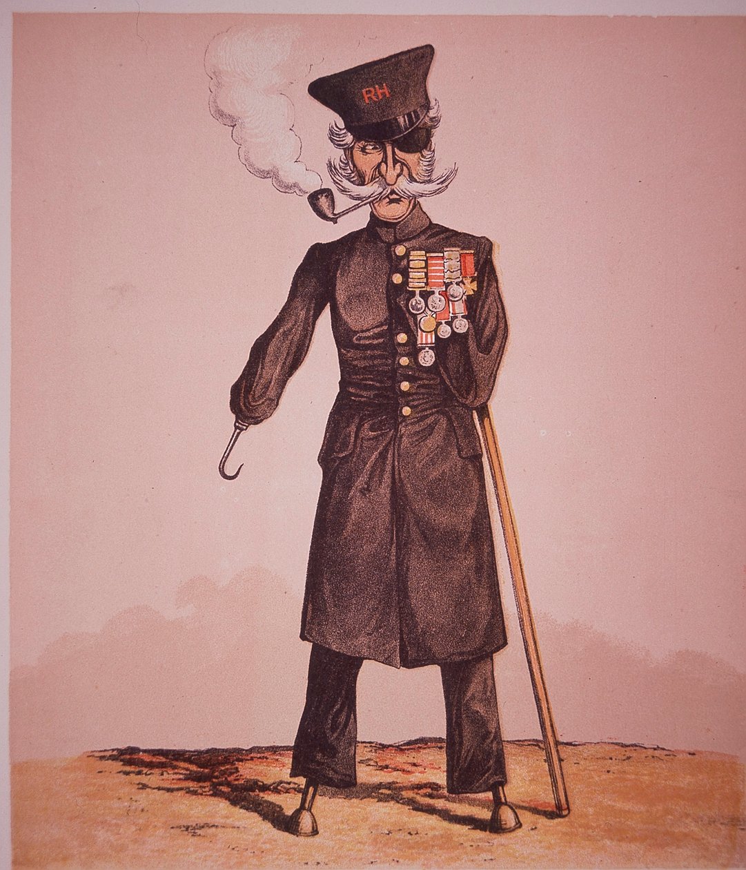 A Királyi Kórház Chelsea nyugdíjasának karikatúrája, Seccombe őrnagy „Army and Navy Drolleries” című művéből (színes metszet) alkotó: English School