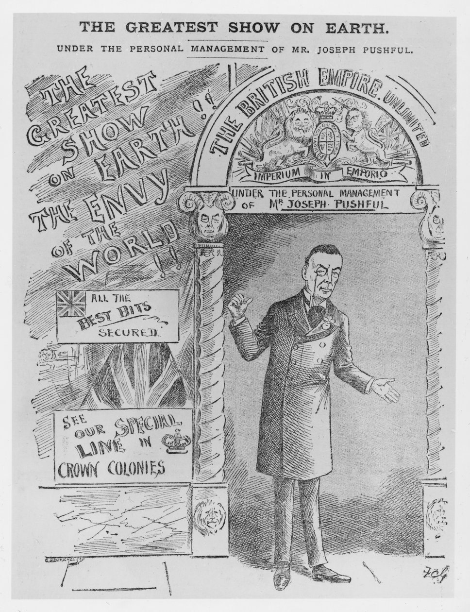 Joseph Chamberlain karikatúrája gyarmati titkárként, 1900 körül alkotó: English School