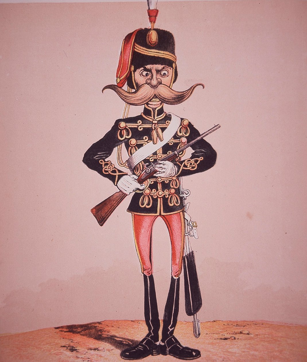 A 11. huszárok őrszemének karikatúrája, Seccombe őrnagy „Army and Navy Drolleries” című művéből (színes metszet) alkotó: English School