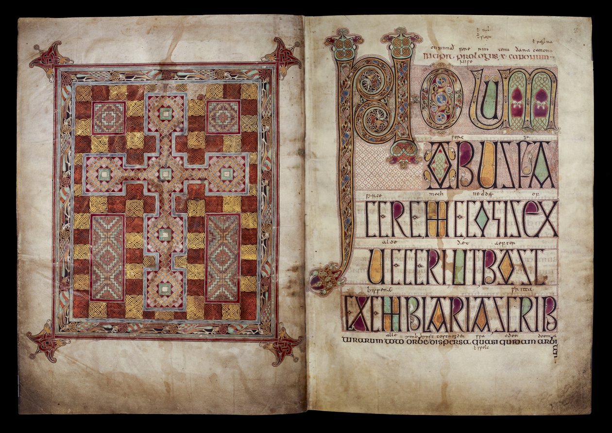 Szőnyeglap és Incipit lap, amely Szent Jeromos levelét vezeti be Damasus pápához, Cotton Nero D. IV, f.2v és f.3r a Lindisfarne-i evangéliumokból, 710-721 (pergamen). alkotó: English School