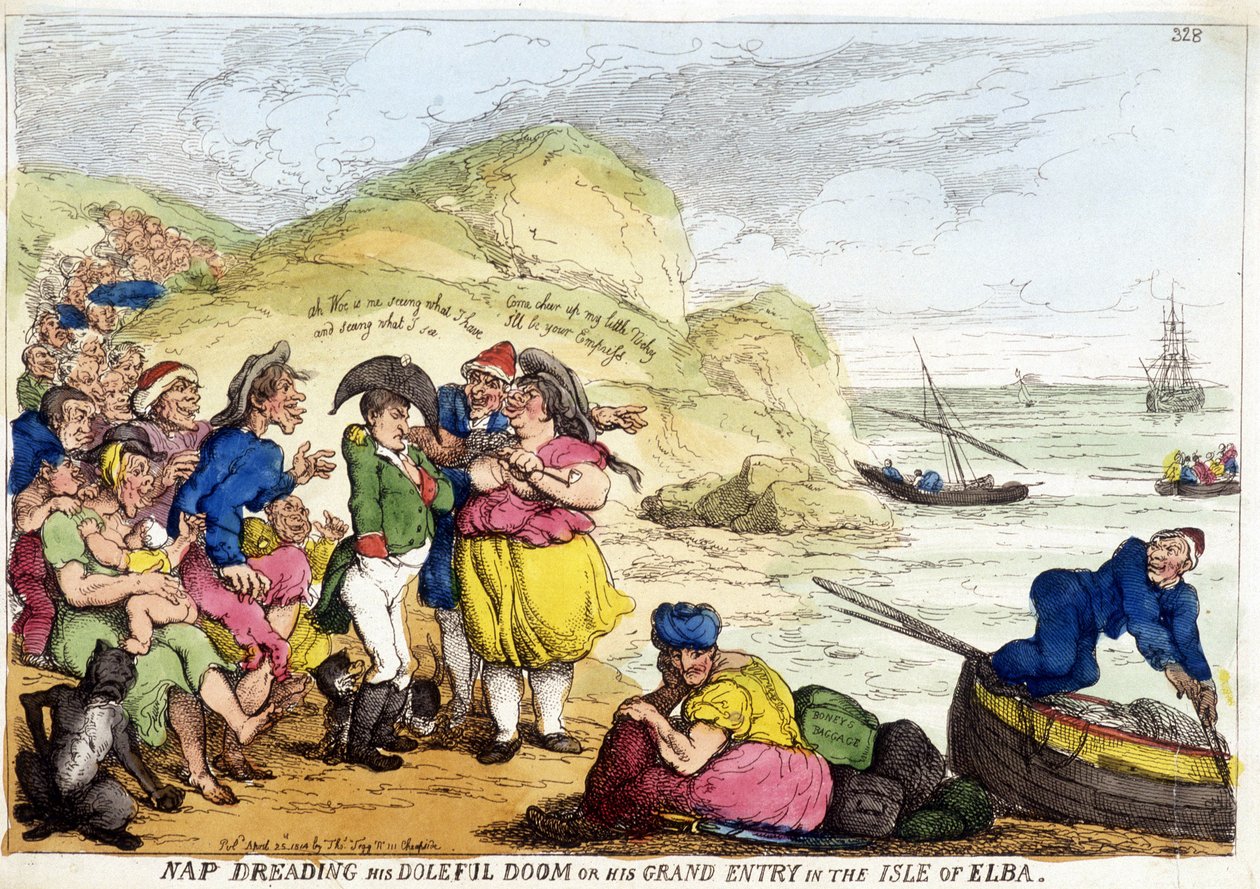 Rajzfilm Napóleon Bonaparte érkezéséről Elba szigetére. alkotó: English School