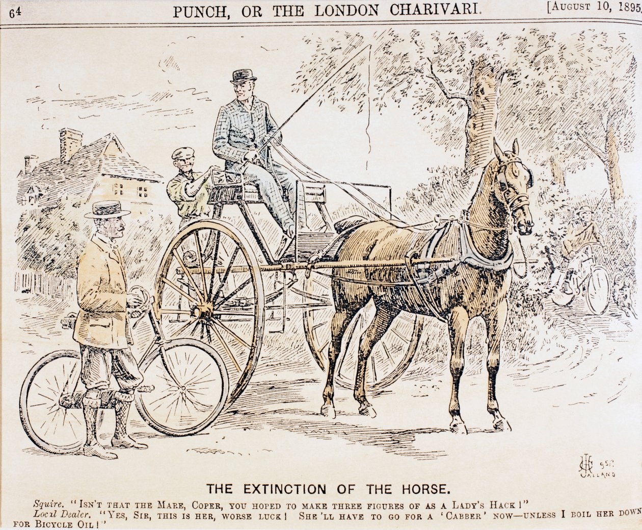 Karikatúra a kerékpárok és a motorizált közlekedés megjelenéséről és a lóvontatású közlekedés megszűnéséről, a Punch magazin 1895. augusztus 10-i számából. alkotó: English School