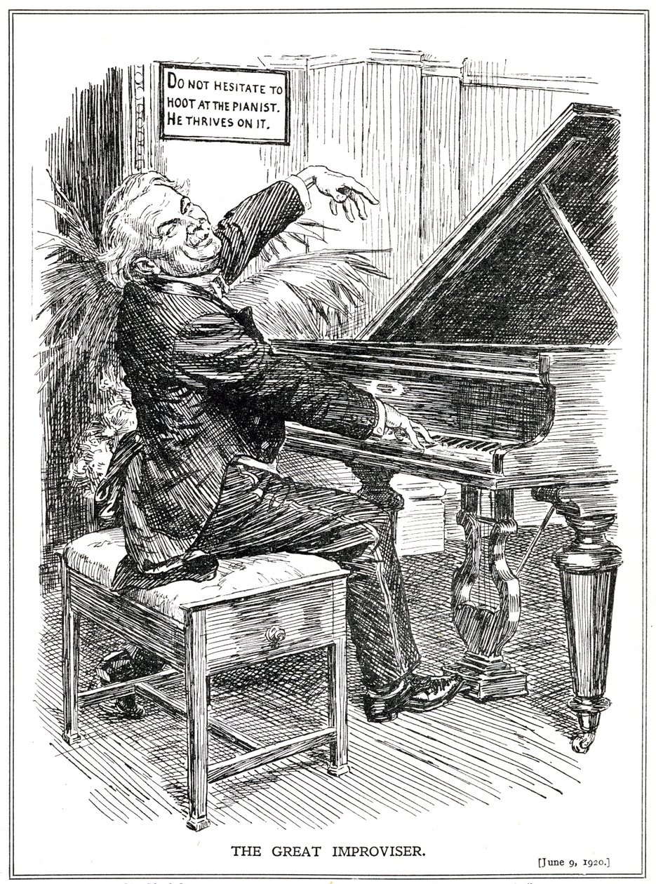 Rajzfilm lámpaláz LLoyd George, mint a Nagy Improvizáló vagy az Improvizáció-Tóriák vezetője, 1920. június alkotó: English School