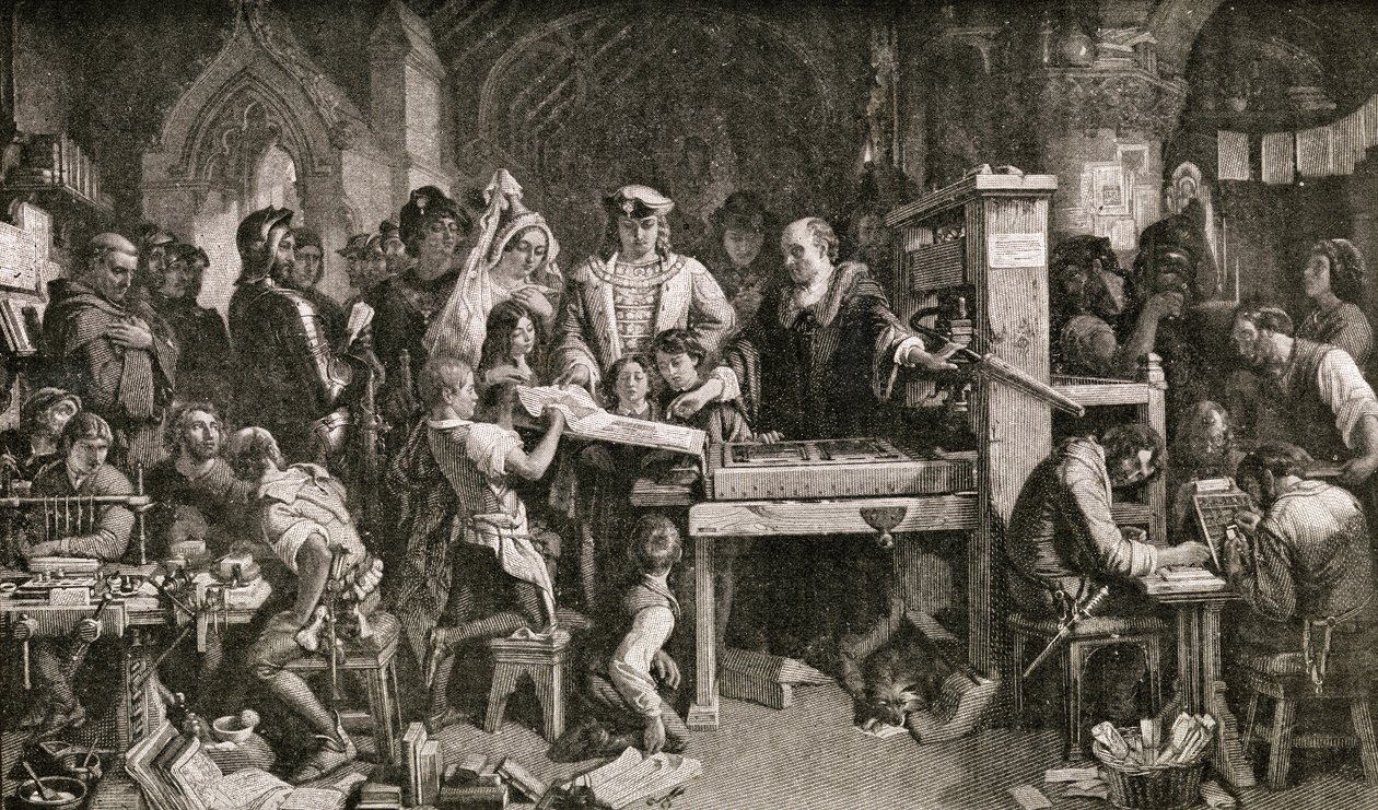 Caxton (1422-1491 körül) IV. Edward királynak készült nyomtatványának mintáit mutatja a westminsteri Almonryban, 1858 alkotó: English School