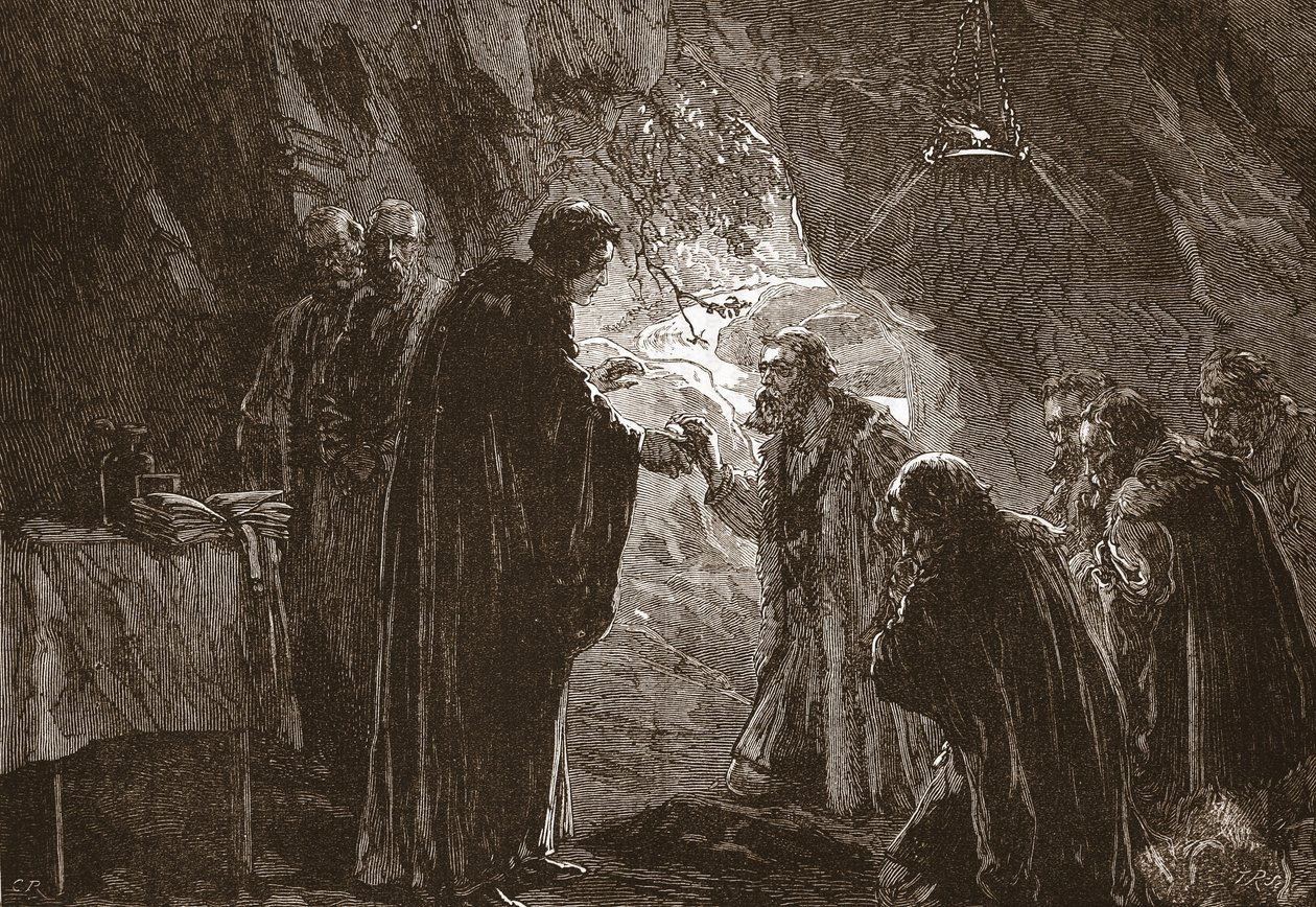 Kálvin és protestáns társai a Poictiers-i barlangban az Úrvacsora ünneplése, illusztrációja James Aitken Wylie (1808-1890) A protestantizmus története című könyvéből, pub. 1878 alkotó: English School