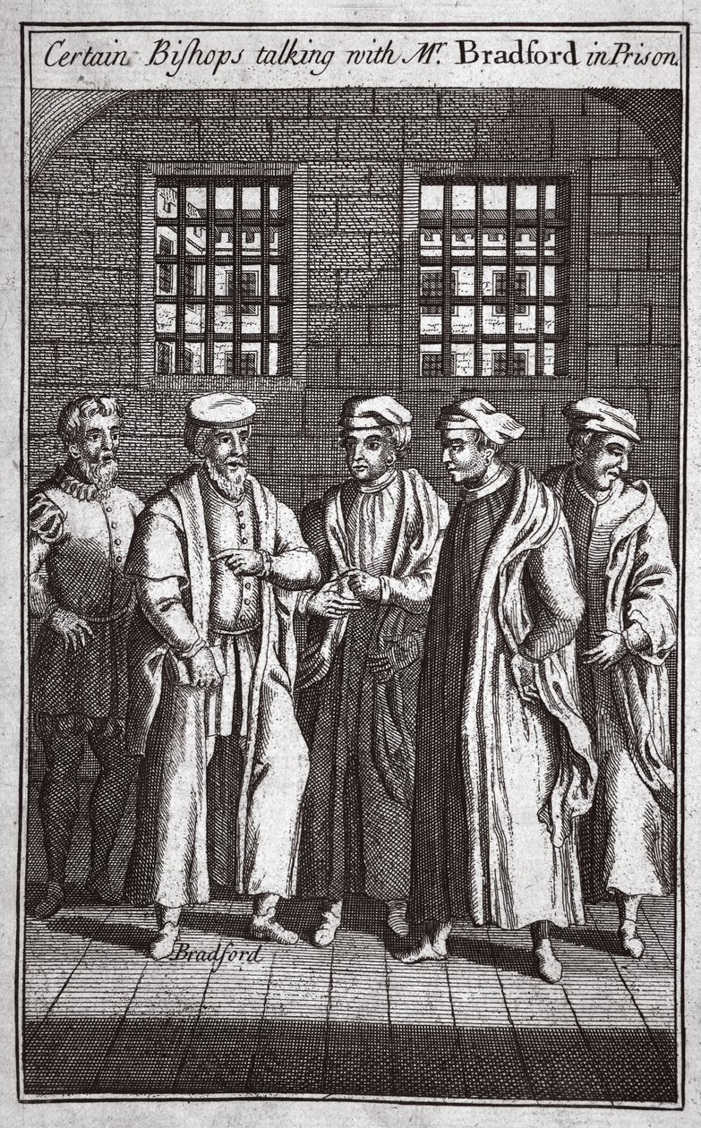 Egyes püspökök Bradford úrral beszélgetnek a börtönben, illusztráció a Foxes Martyrs c.1703-ból alkotó: English School